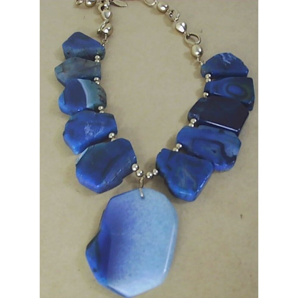Chico's statement blue agate bib stone jewelry brass coated necklace - Picture 4 of 6